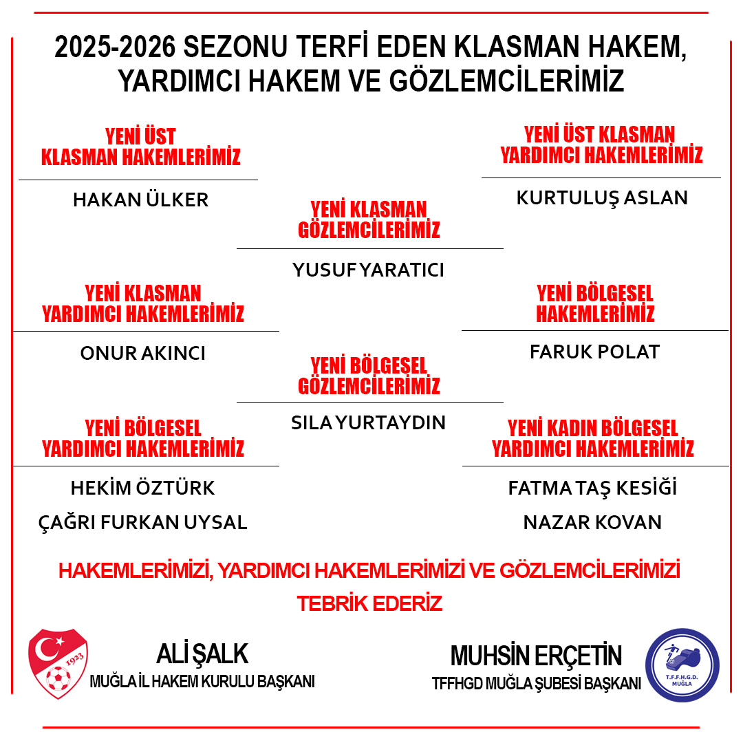 2025-2026 SEZONU TERFİ EDEN KLASMAN HAKEM, YARDIMCI HAKEM VE GÖZLEMCİLERİMİZ
